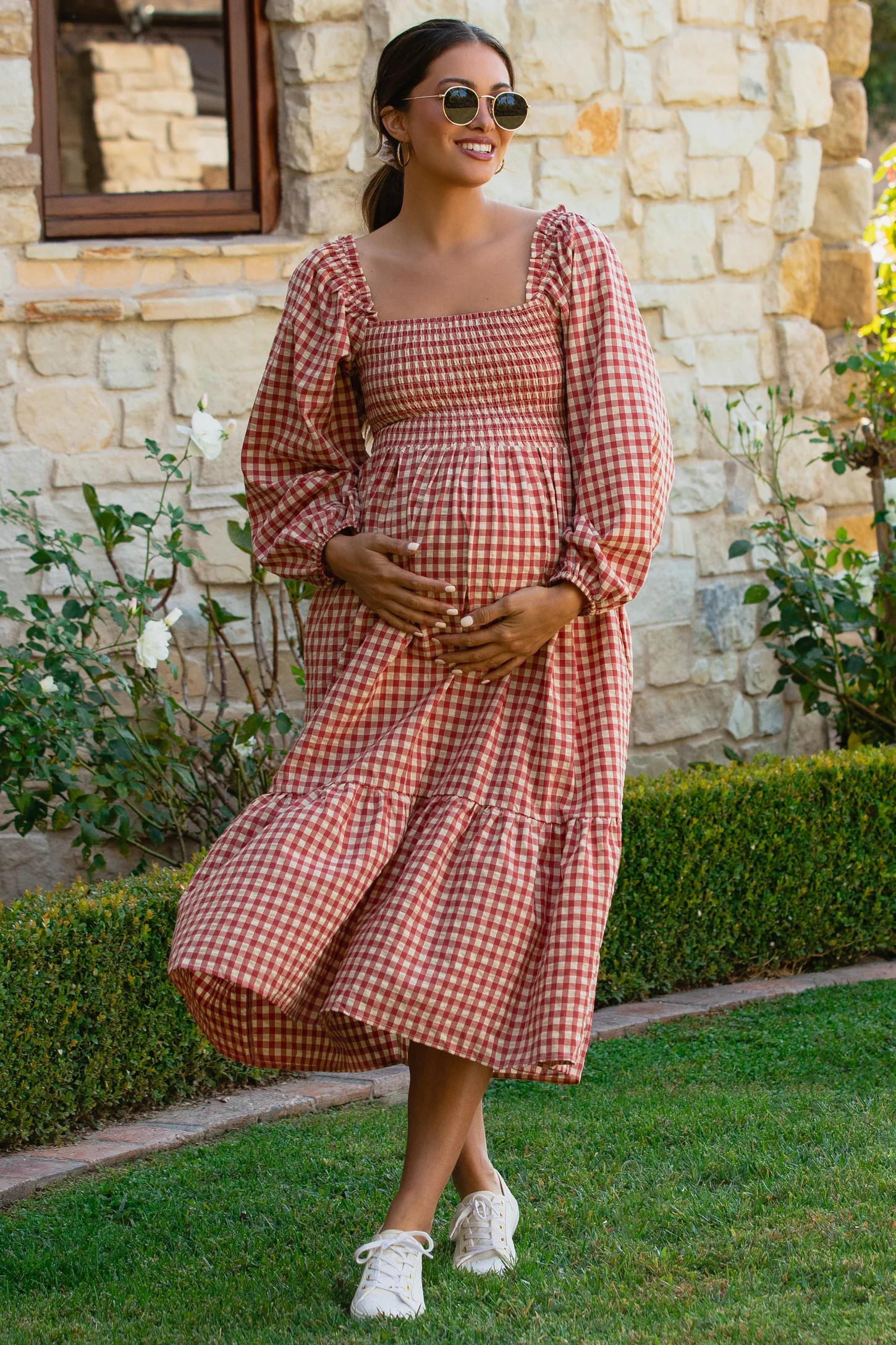 Rust Gingham Long Sleeve Maternity Midi Dress | PinkBlush Maternity