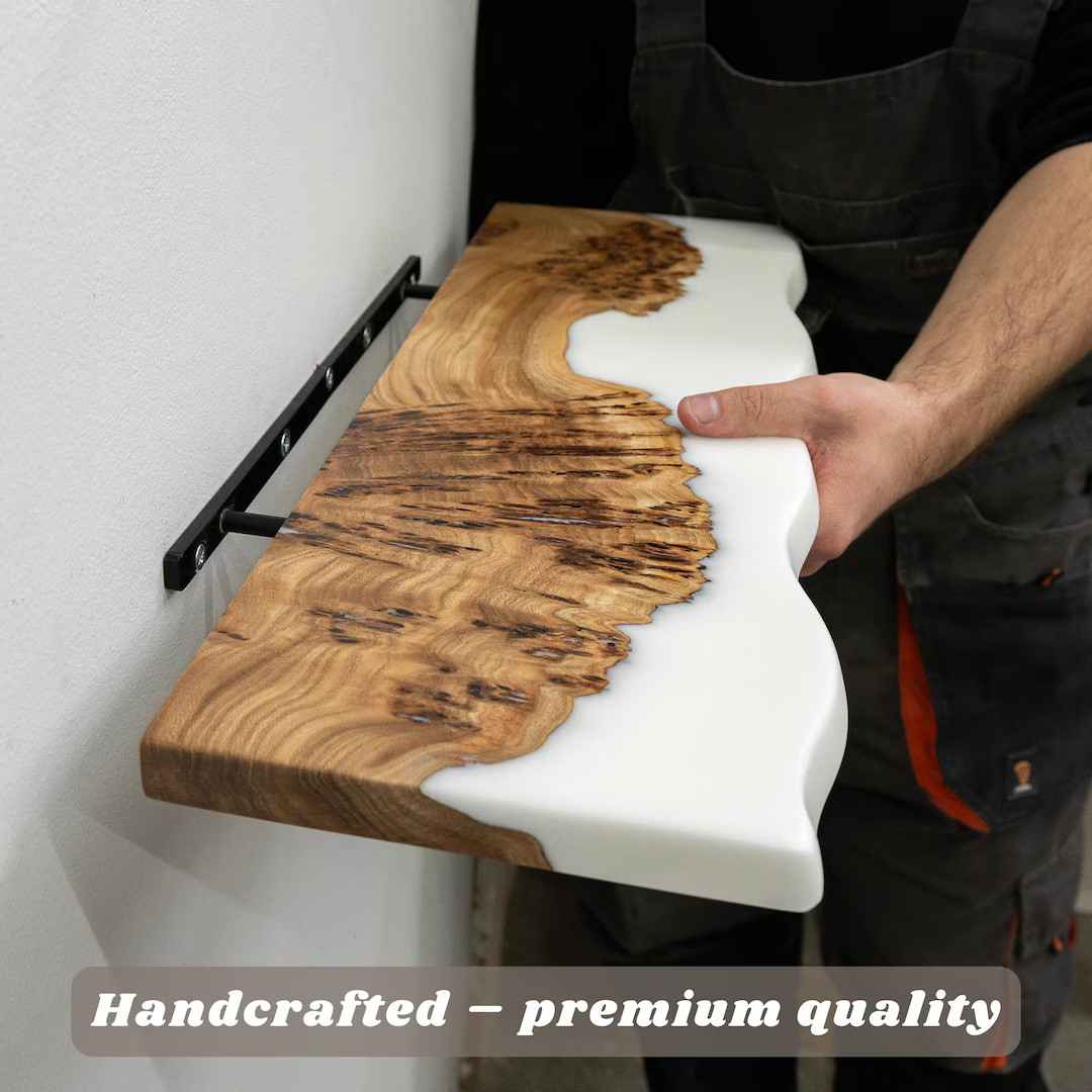 Wood & White Epoxy Wall Mounted Shelf With Hidden Bracket – Floating Shelves for Living Room, K... | Etsy (US)