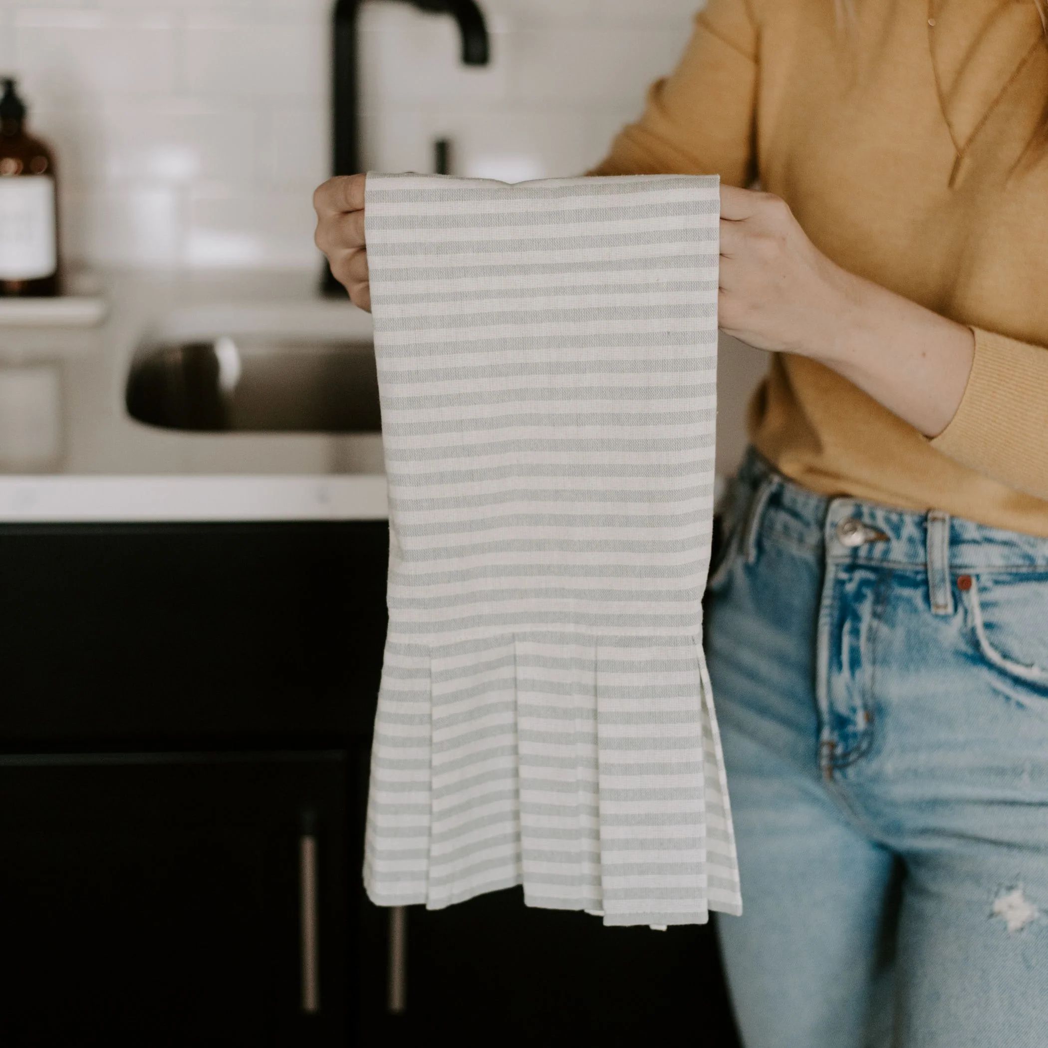 Striped Tea Towel with Ruffle - Grey | Sweet Water Decor, LLC