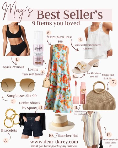 12 of May’S Best Sellers 
🚨Some promo codes

1. Spanx - Swim Suit two piece
SAVE 10% off all Spanx with my CODE: DEARDARCYXSPANX
Great free shipping and returns too

2. Loving Tan -self tanner
Code DARCYMITT for free Tanning mitt $14.99 value

3. Floral Maxi Dress-$96

4. Madewell- Embroidered
Aline top

5. Amazon find- Sunglasses $14.99

6. Buckle slides- 50% off use code 50DARCYV Now $24.99


7. Straw Bag $24.99

8. Lisi Lurch- Gold Bead Bracelets & Gold bamboo

9. Denim shorts
by Spanx 
🚨SAVE 10% off all Spanx with my CODE: DEARDARCYXSPANX
Great free shipping and returns too

10. Rancher Hat- Anthropologie 

11. Charlotte Tilbury
New Lip plumper- 

12. Banana Republic -Linen Dress $44





#LTKStyleTip #LTKGiftGuide #LTKSwim