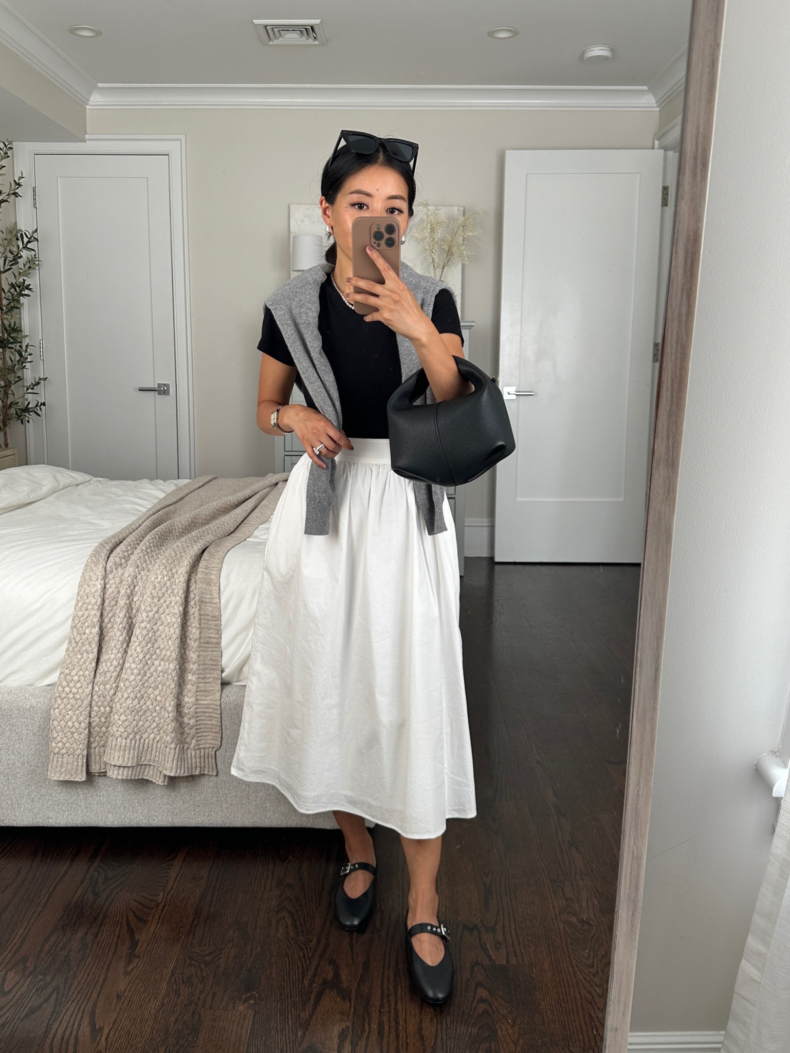 Elevated casual fall transitional outfits with flats 

• Madewell Mary Jane ballet flats 5.5. 25% off when you log in to a free insiders account . These are so cute and have cushioning 

• Vineyard vines skirt xxs - nearly sold out, linked similar skirt with eyelet that is fully stocked. Xxs measures 12” across waist when lying flat, with elastic back waist, pockets, cotton lining

• Amazon bodysuit tee xxs - one of my favorite staples 

• Over the shoulders: Quince shrunken cashmere sweatshirt xs

• polene bag not linkable 

#LTKFindsUnder100 #LTKShoeCrush #LTKFallSale