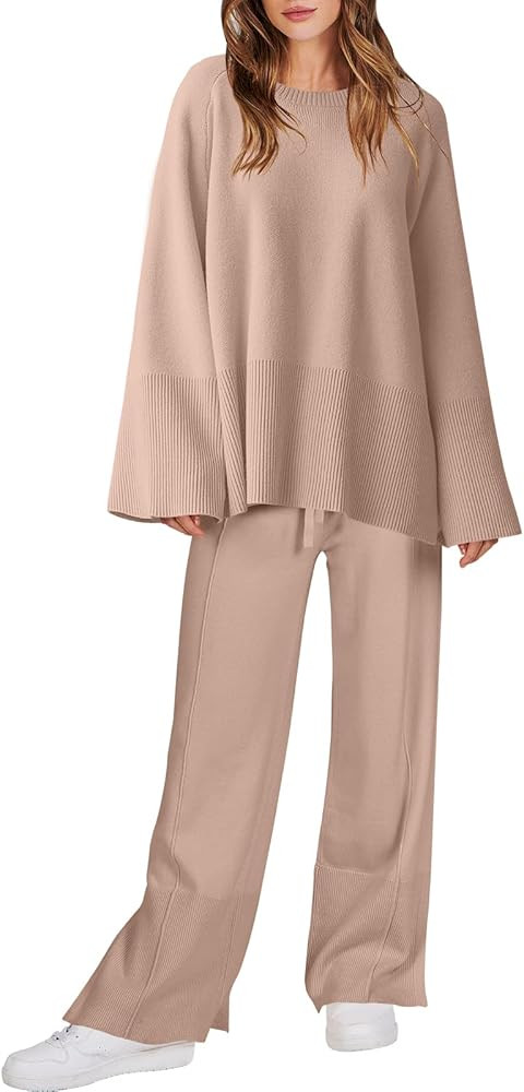 ANRABESS Women 2 Piece Outfits Sweatsuit Oversized Knit Pullover and Drawstring Wide Leg Pants Sw... | Amazon (US)