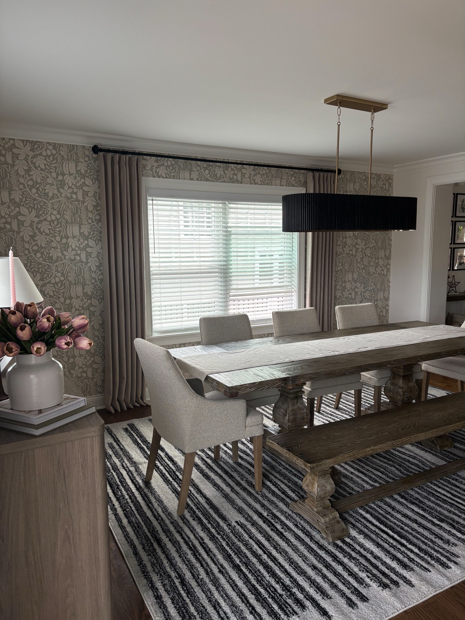 In LOVE with my dining room wallpaper! 

Fig garden Wallpaper link: 
https://tidd.ly/4e1AwNC

#LTKHome