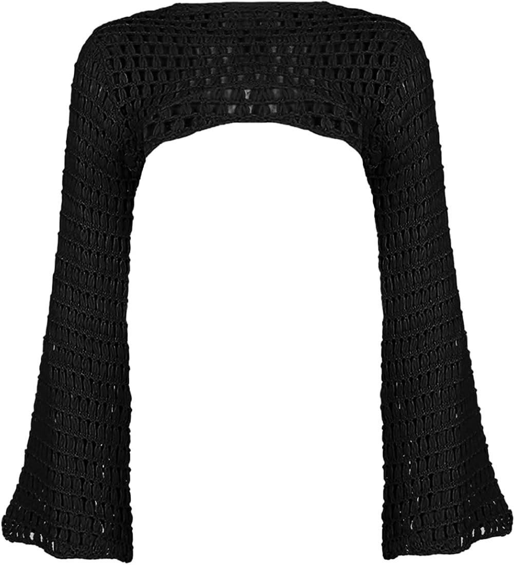 Women's Y2k Crochet Knit Hollow Out Crop Top Long Flared Sleeve Shrug Sweater Square Collar Navel Sh | Amazon (UK)