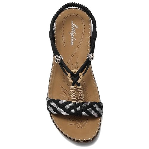 Littleplum Women Sandals Arch Support Handmade Bohemian Braided Flat Sandals Comfort Walking Beach Ankle Elastic Summer Shoes Black Size 9.5 | Amazon (US)