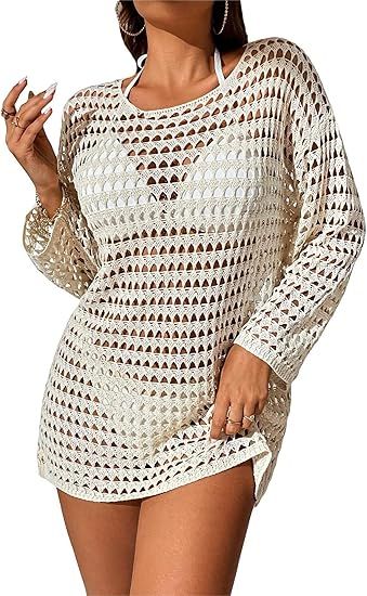 COZYEASE Women's Crochet hollow Out Cover Up Swimsuit Long Sleeve Drop Shoulder Cover Up Beach We... | Amazon (US)