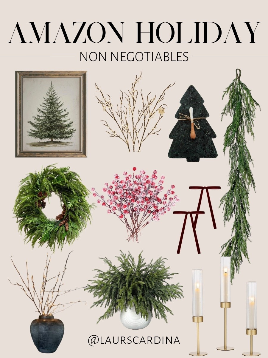 These are my non-negotiable holiday finds from Amazon, including a  tree picture, lighted stems, a tree shaped cutting board, garland, a Norfolk pine wreath, holly berries, velvet bows, Norfolk stems, and gold hurricane candlestick holders.

Holiday decor, Christmas decorations, amazon holiday finds

#LTKSeasonal #LTKStyleTip #LTKFindsUnder50