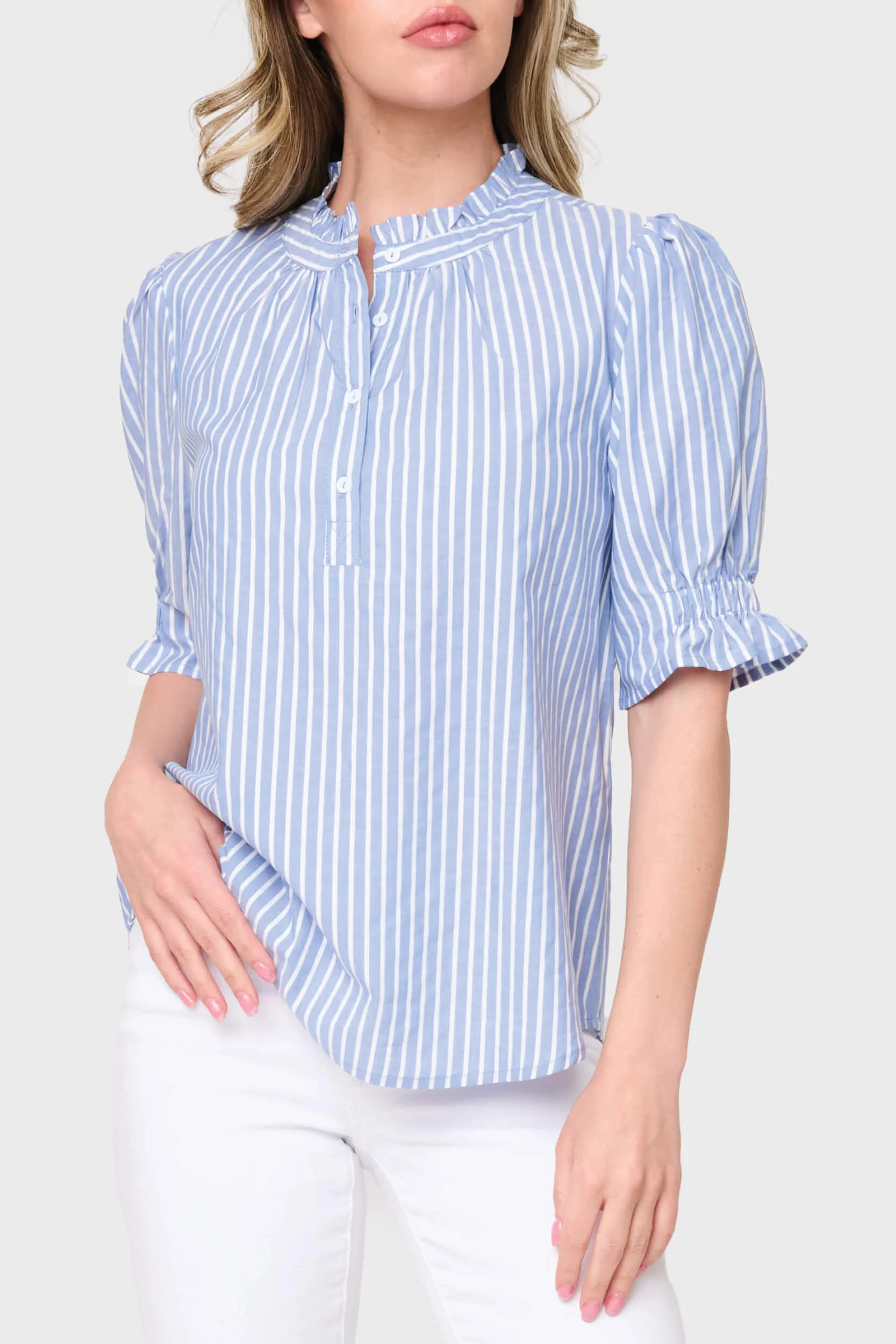 Dianthus Henley Puff Sleeve Stripe Blouse | Gibsonlook