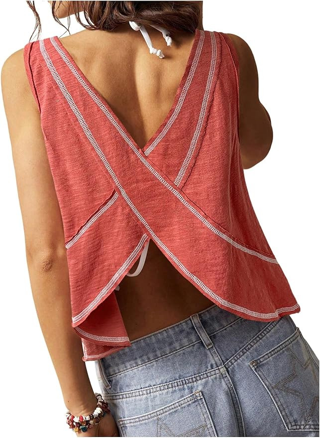 SOLY HUX Open Back Tops for Women Criss Cross Summer Tank Top Backless Scoop Neck Sleeveless Shir... | Amazon (US)