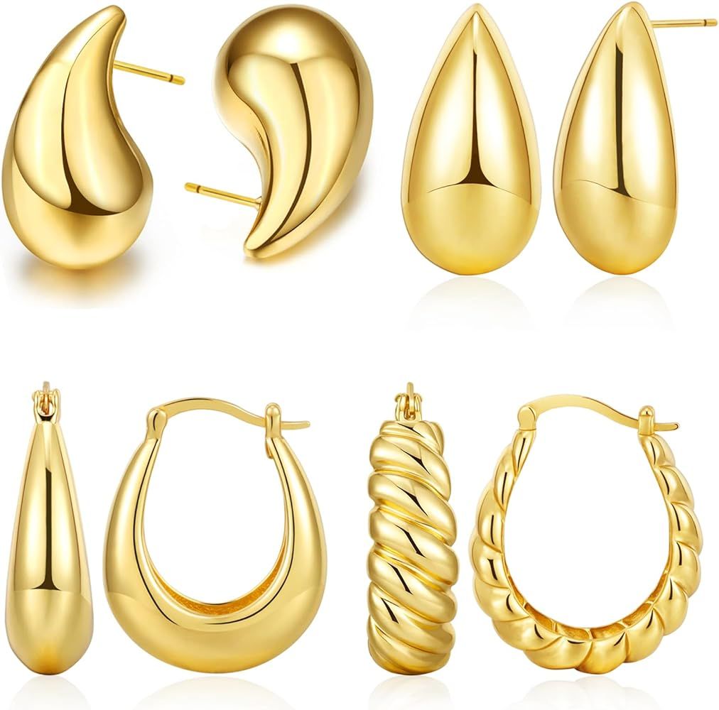 Gold Hoop Earrings Lightweight Chunky - Gold Earrings for Women 14K Gold Plated Earrings Thick Te... | Amazon (US)