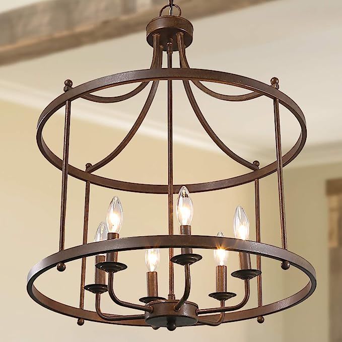 LOG BARN Farmhouse Chandelier, Dining Lighting Fixtures Hanging in Rustic Bronze, Drum Pendant fo... | Amazon (US)