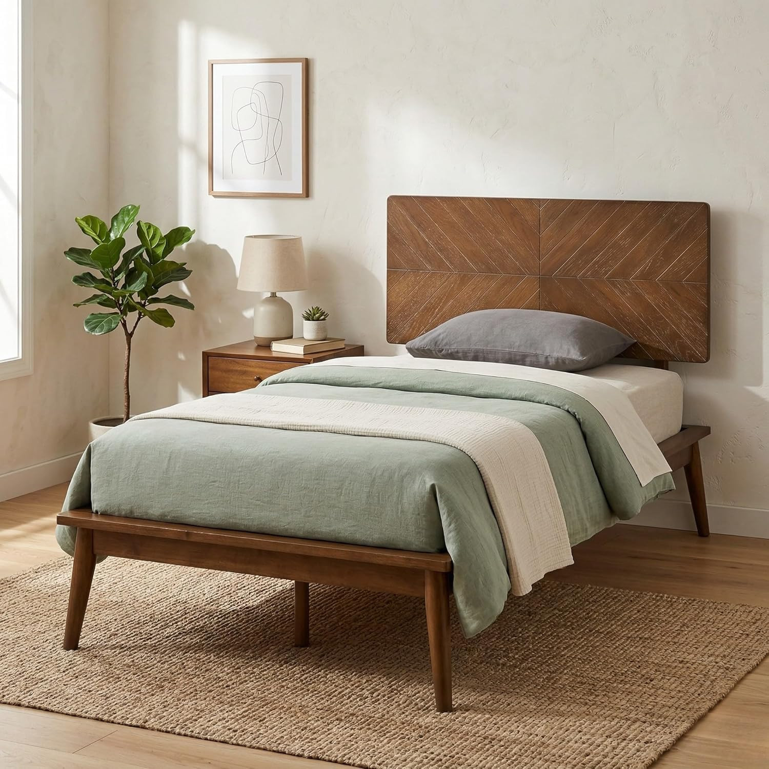 Allforwood Loki Solid Wood Bed Frame Twin XL Premium Platform Bed with Chevron Headboard Design and Wood Slat Support Walnut | 902331 | Lowe's