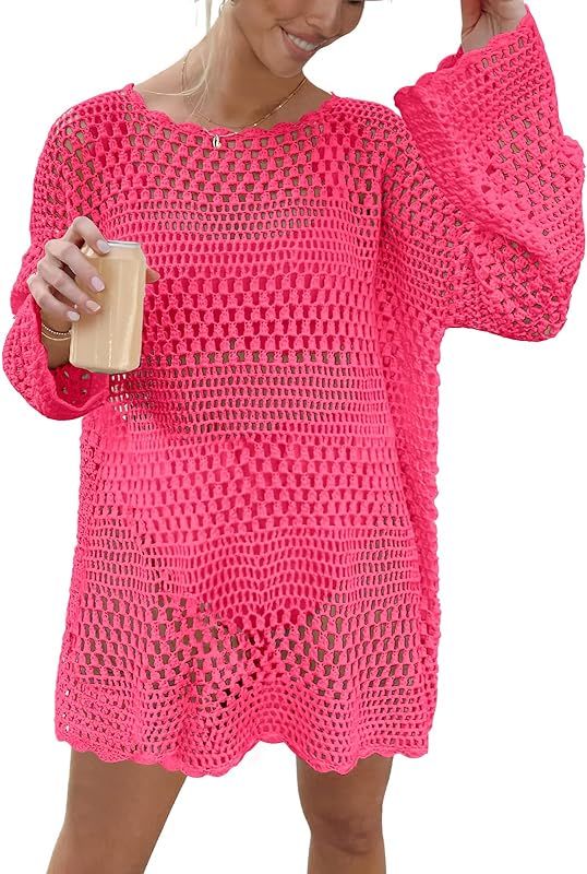 ANRABESS Women Swimsuit Crochet Swim Cover Up Summer Bathing Suit Swimwear Knit Pullover Beach Dress | Amazon (US)
