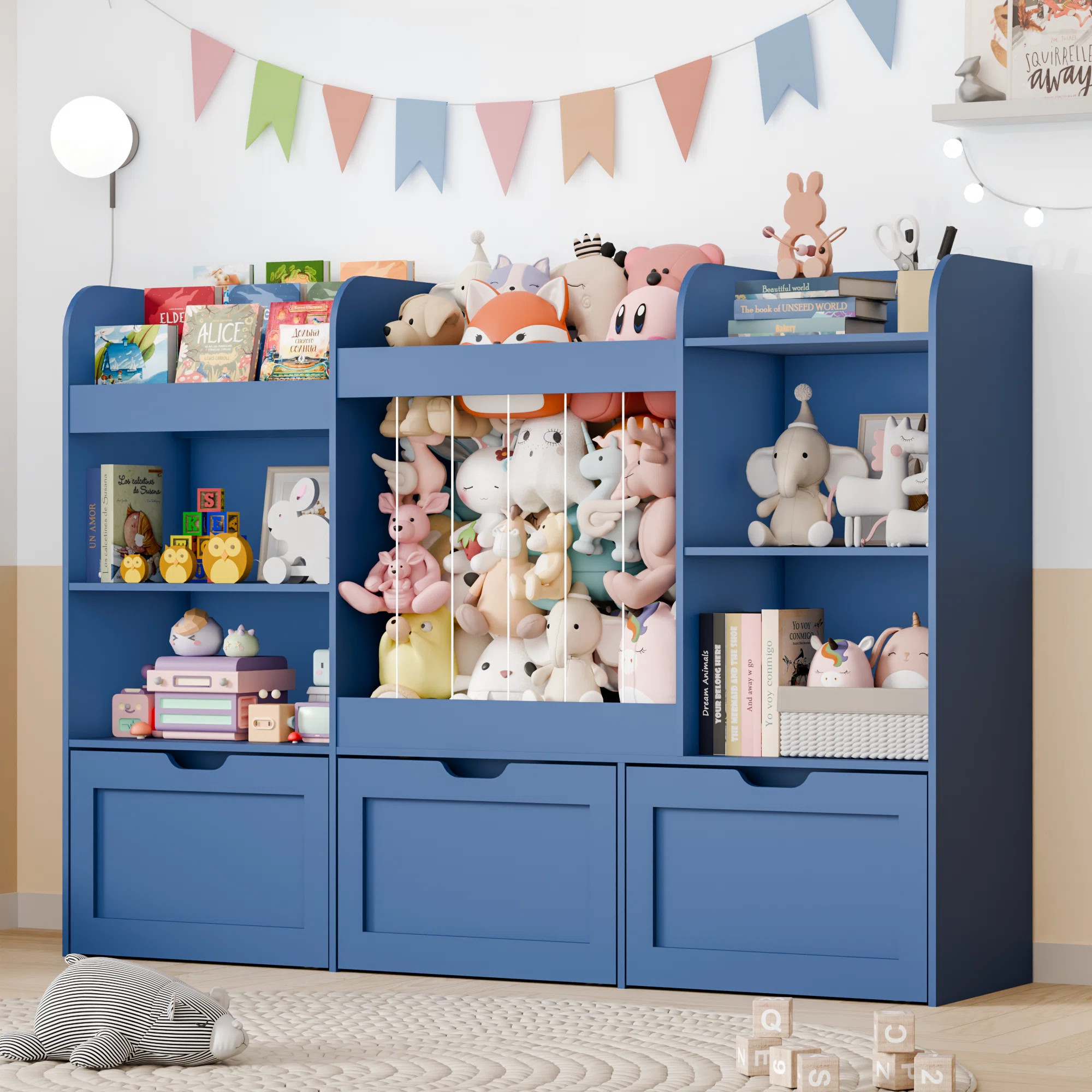 41.3''H Toys Storage Organizer with Kids Bookcases, Stuffed Animal Storage, 3 Movable Drawers, 4 ... | Wayfair North America