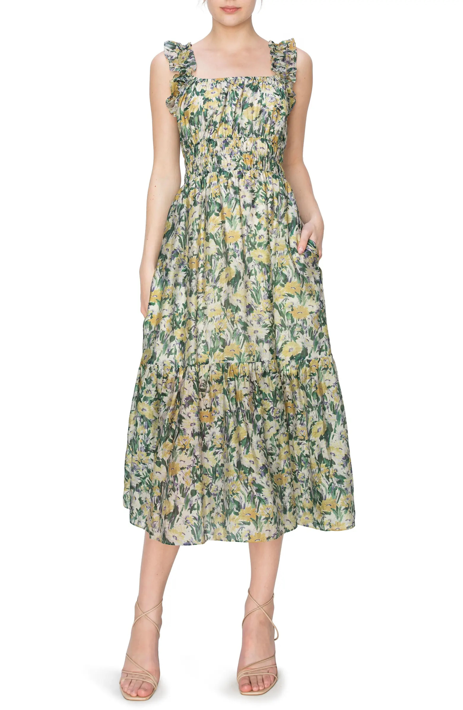 Floral Ruffle Shirred Midi Sundress | Nordstrom