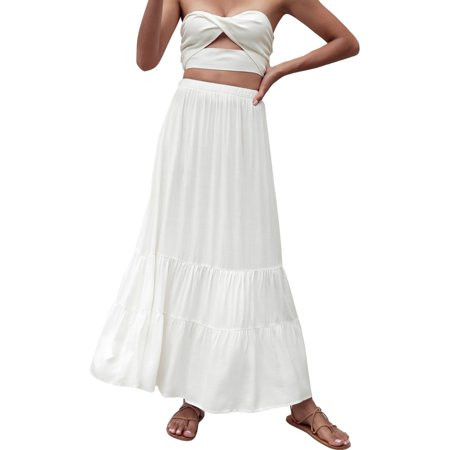 LIhncine Skirts for Women Women Summer Boho Elastic Waist Pleated A Line Flowy Swing Tiered Long Beach Skirt Dress Skirts for Women Trendy Summer White | Walmart (US)