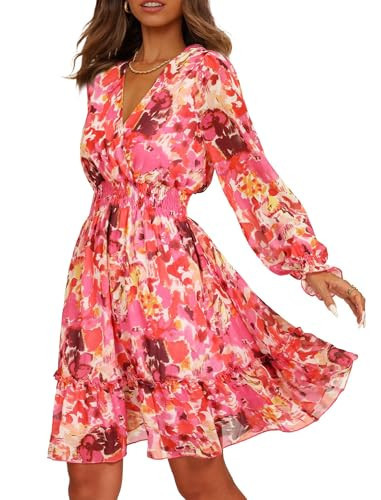 Prettywear Women's Spring Summer Floral Chiffon Long Sleeve Wedding Guest Dresses 2025 Casual Flowy Wrap Neck Mini Dress | Amazon (US)