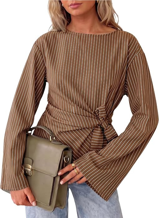 Cicy Bell Womens Cinched Waist Wrap Tops Bell Sleeve Boat Neck Blouse Shirt | Amazon (US)