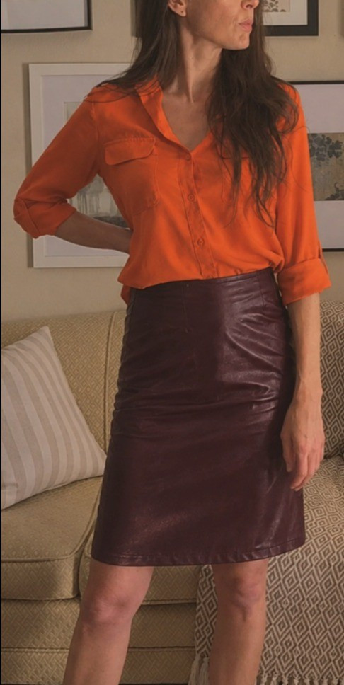  style color combinations. Style inspiration. Orange button down shirt. Satin shirt. Burgundy leather skirt. Pencil skirt. Coated skirt. 

#LTKSeasonal #LTKSaleAlert