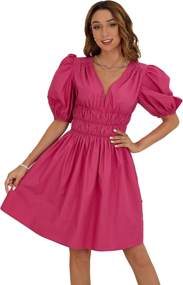 WDIRARA Women's Deep V Neck Puff Short Sleeve Ruched Party Ruffle Hem A Line Dress | Amazon (US)