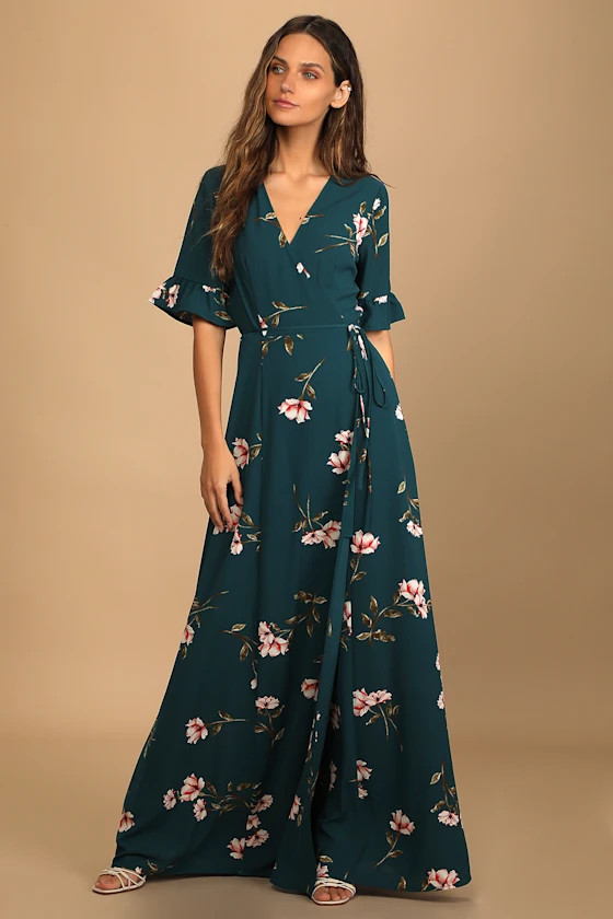 September Sunsets Dark Teal Floral Print Wrap Maxi Dress | Lulus (US)