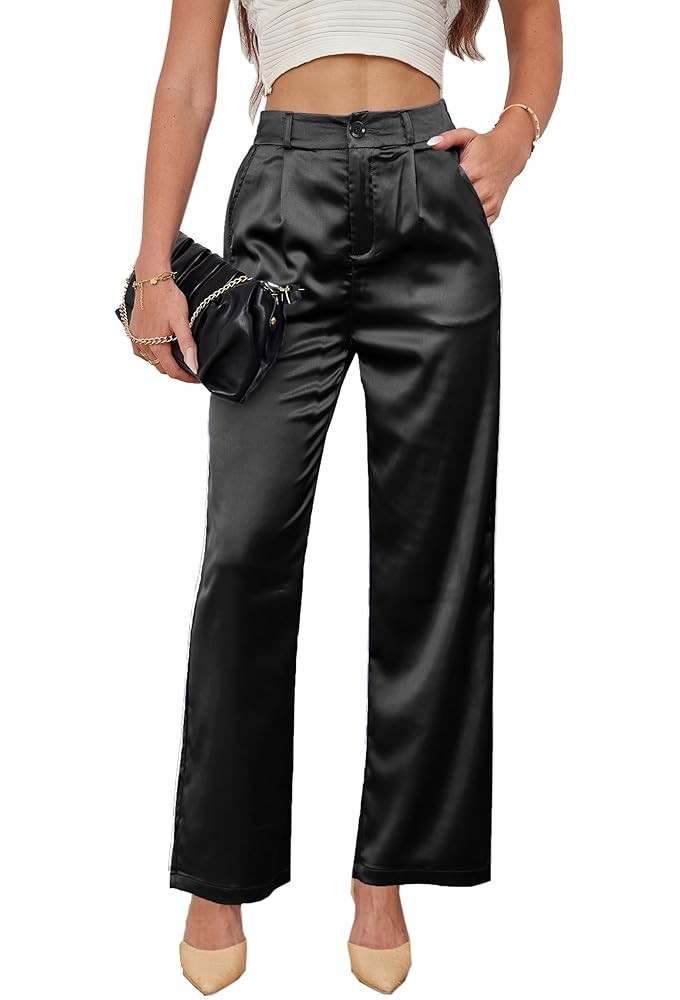 Women's Wide Leg Satin Silky Casual Dress Cocktail Party High Waist Pants | Amazon (US)