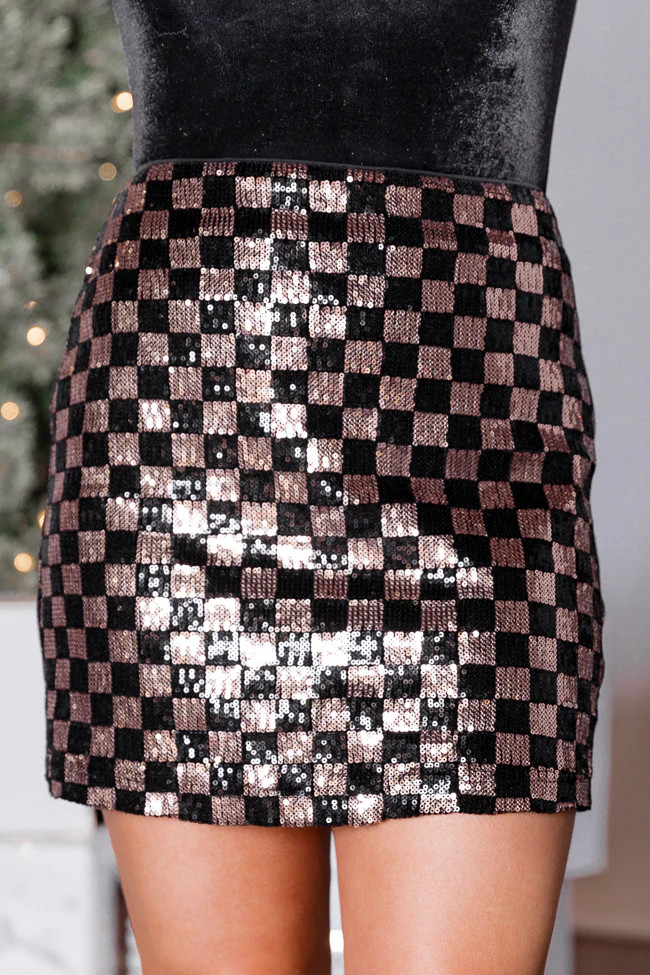 Season To Sparkle Black and Gold Sequin Checkered Mini Skirt | Pink Lily
