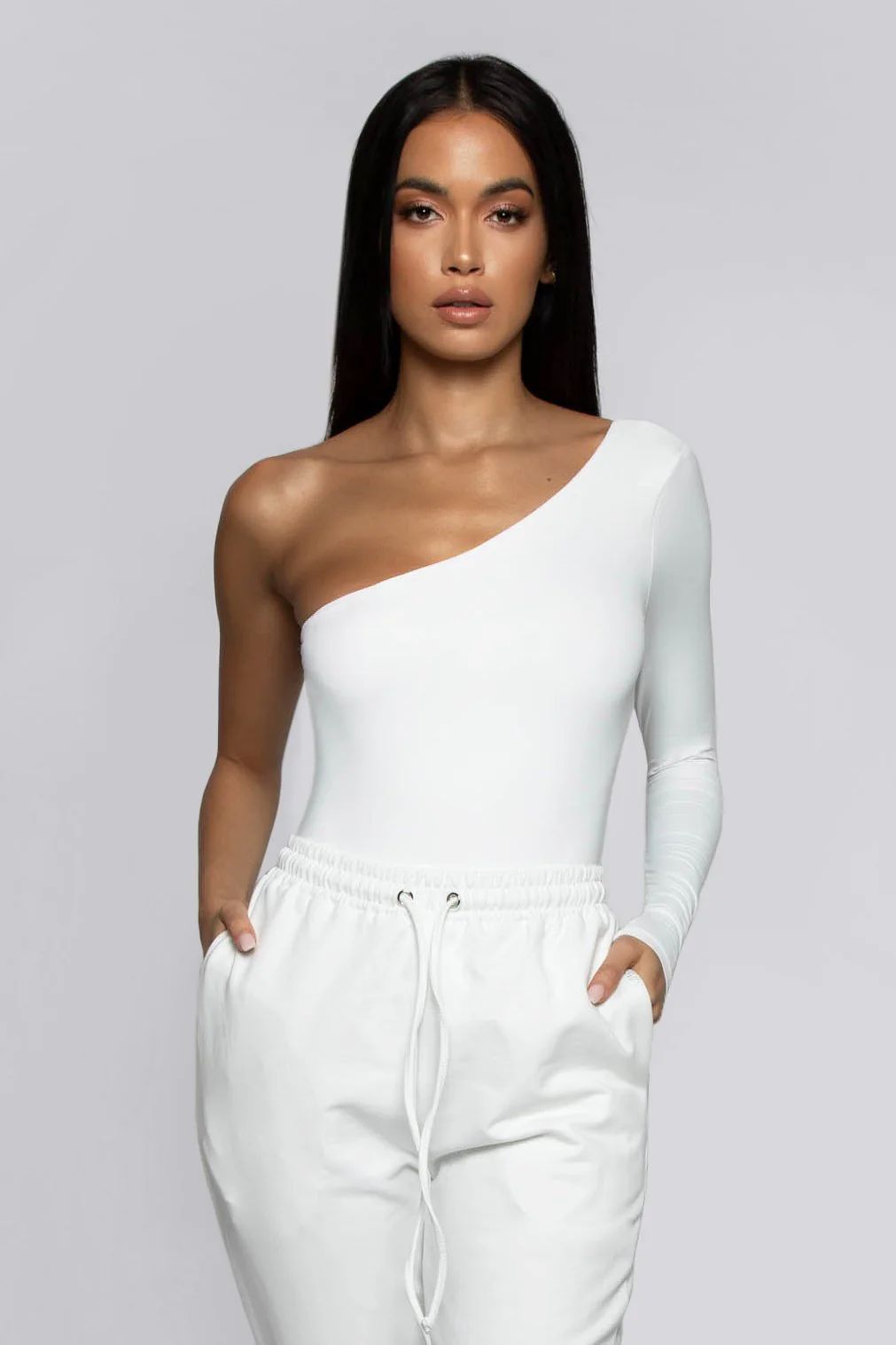 Mya One Shoulder Long Sleeve Bodysuit - White | MESHKI US