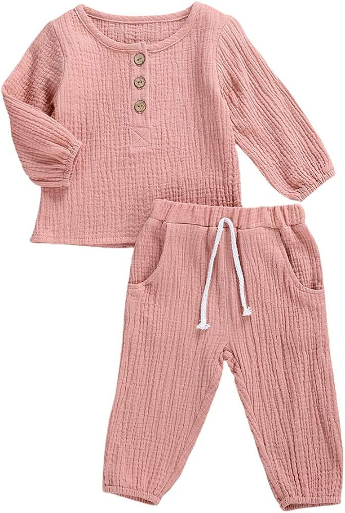 Toddler Baby Boy Girl Cotton Linen Pants Set Solid Long Sleeve T Shirt Top Drawstring Elastic Wai... | Amazon (US)