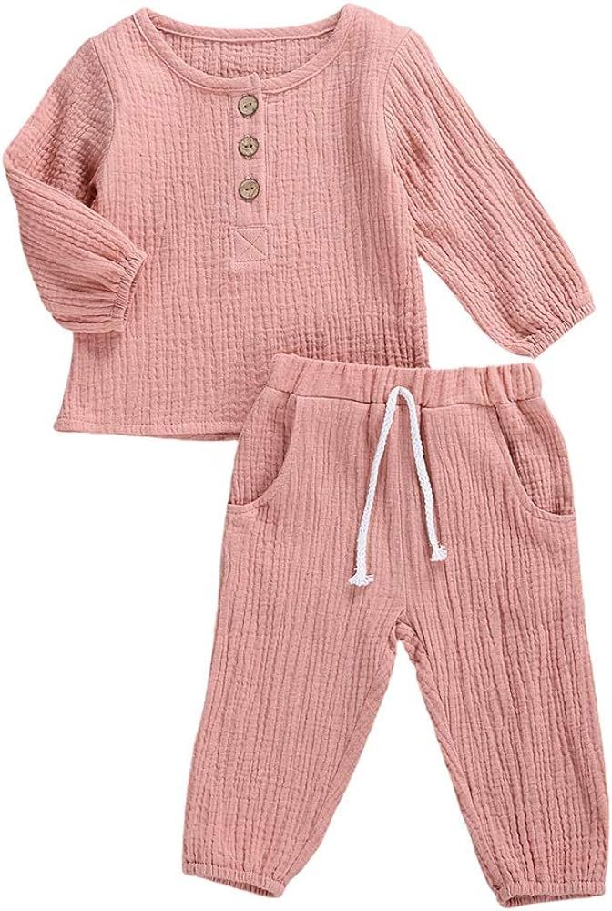 Toddler Baby Boy Girl Cotton Linen Pants Set Solid Long Sleeve T Shirt Top Drawstring Elastic Wai... | Amazon (US)