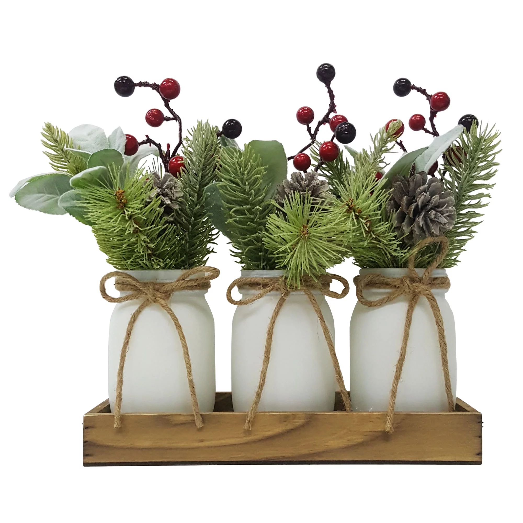 Holiday Time Artificial Liparis and Red Berry Mason Jar and Wood Rail Floral Arrangement | Walmart (US)