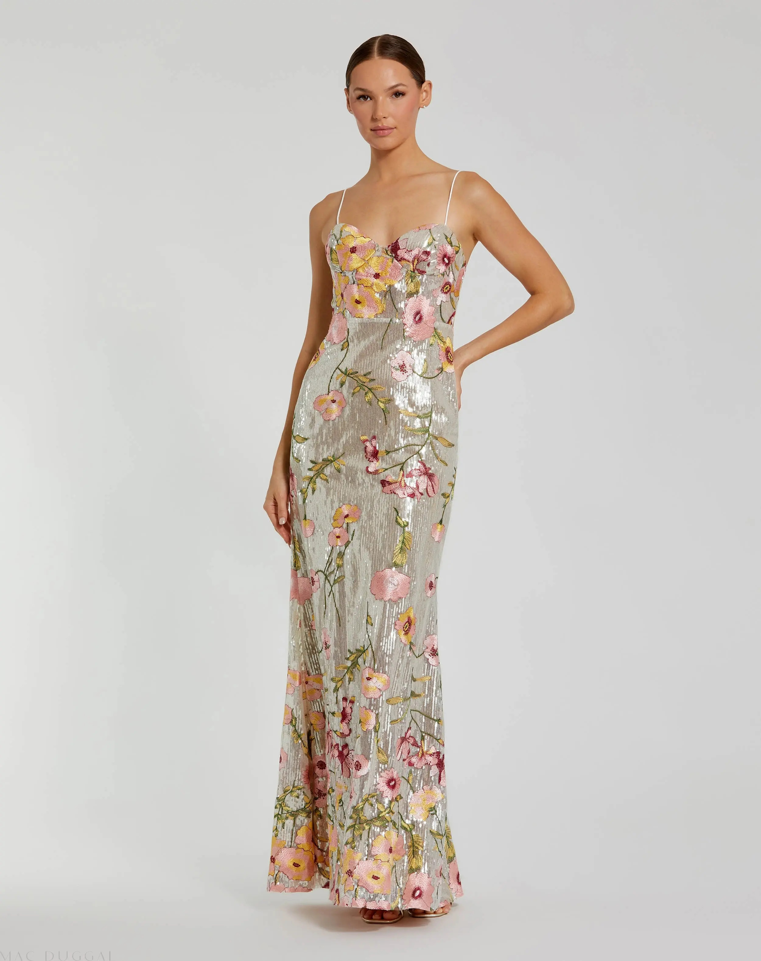 Silver Sleeveless Bustier Floral Applique Gown | Mac Duggal | Mac Duggal