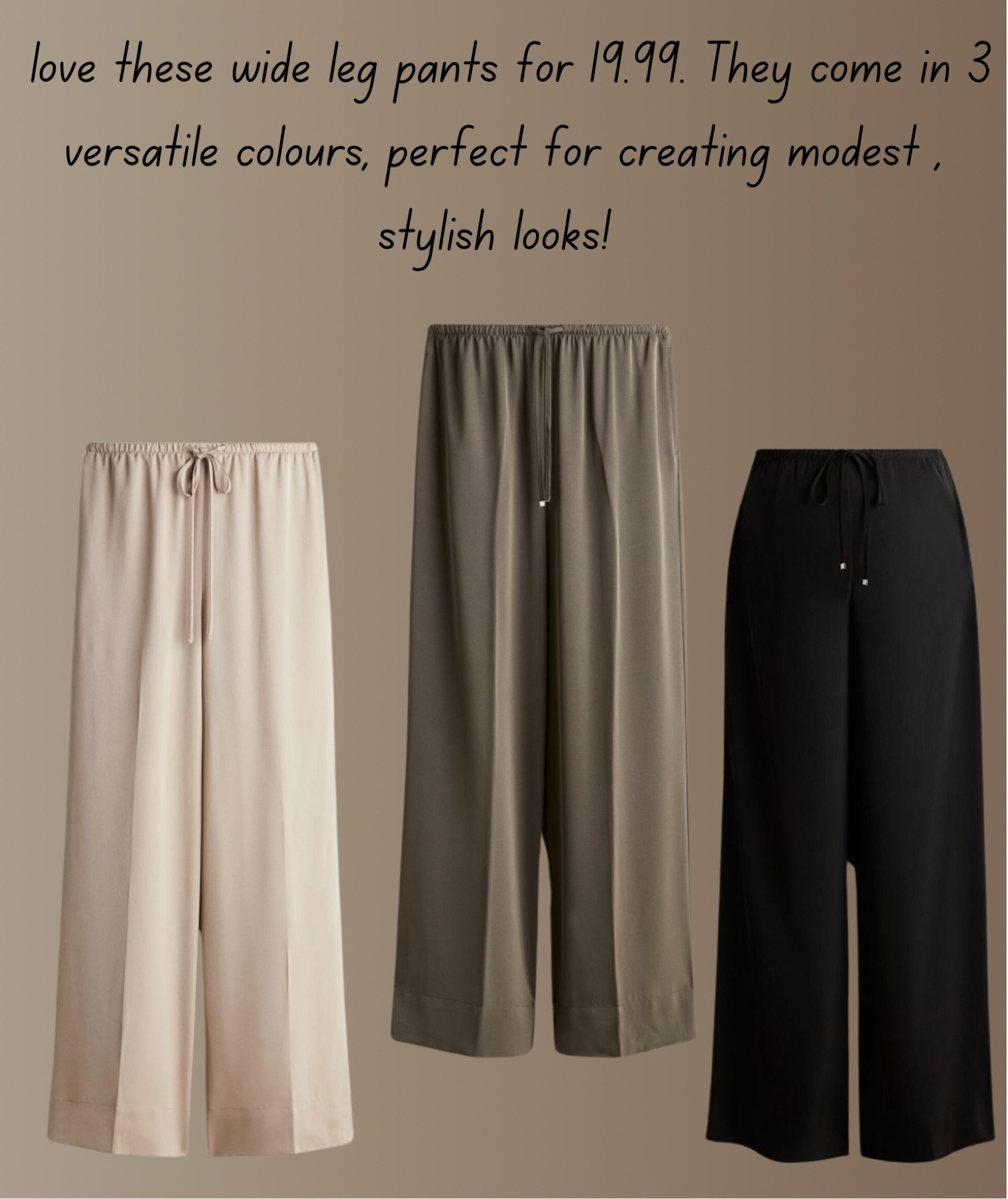  love these wide leg pants for 19.99. They come in 3 versatile colours, perfect for creating modest , stylish looks! 

#LTKwinter #LTKautumn #LTKmodest