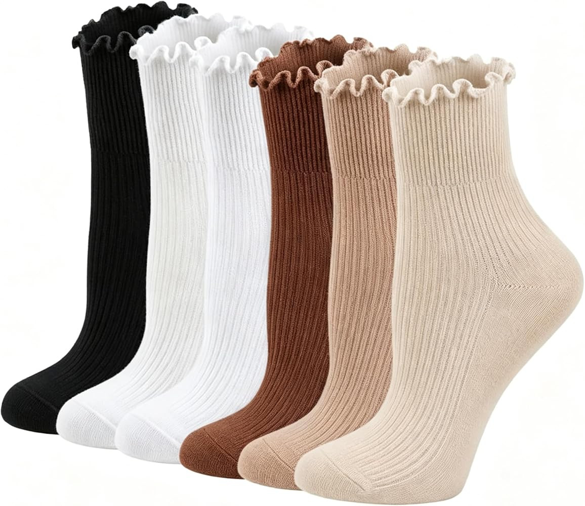 YZKKE Womens Ruffle Socks, Cute Ankle Lettuce Edge Frilly Crew Casual Cotton Socks 6 Pack Gifts | Amazon (US)