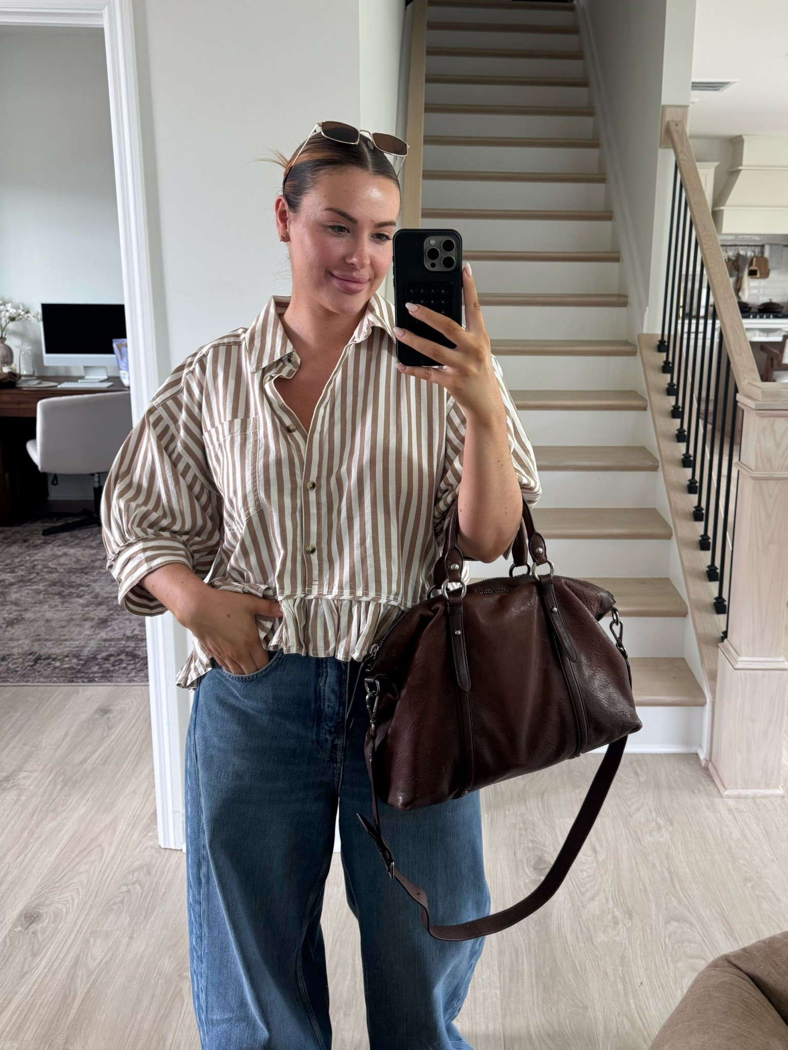 Casual summer outfit wearing large top and 32 denim 🤎 bag is secondhand / (MiuMiu) from the RealReal


#LTKStyleTip #LTKMidsize