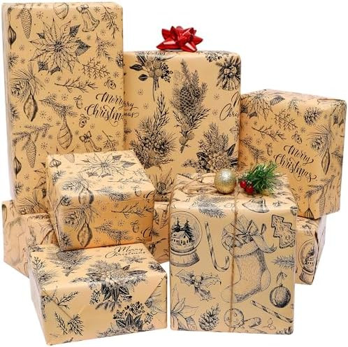 BOLIANNE Brown Christmas Wrapping Paper for Men Women Kids - Rustic Xmas Gift Wrap Paper for Holi... | Amazon (US)