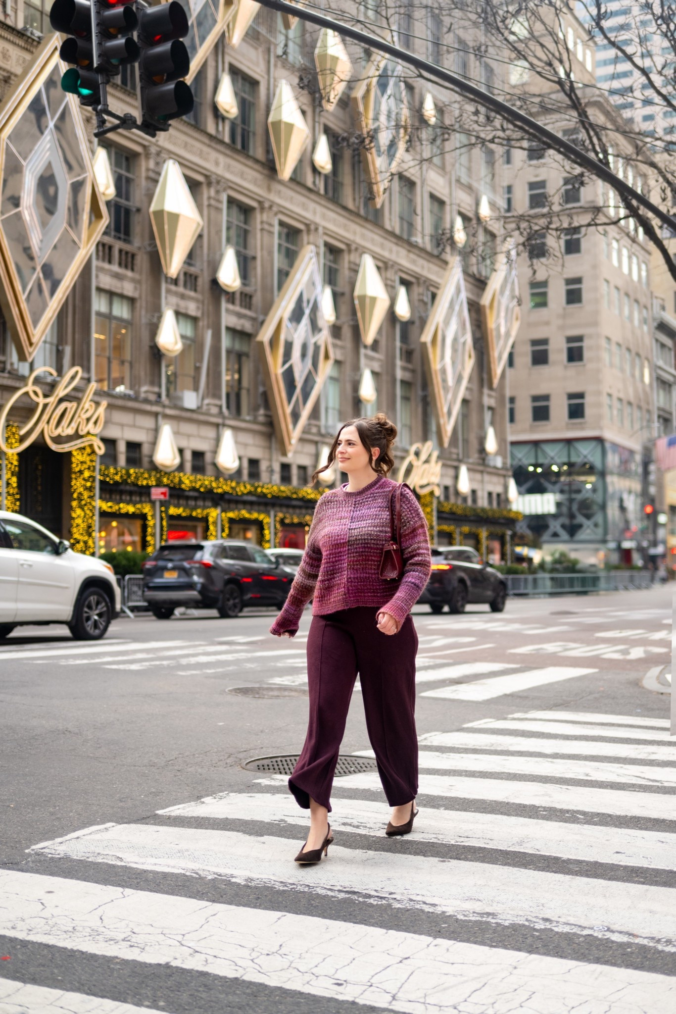 Elevated city style in a winter outfit I love—layered purple sweater, tailored knit pants, sleek kitten heels, and a red bag to pull it all together. Great for the holidays in NYC 

#LTKootd #LTKSeasonal #LTKHoliday