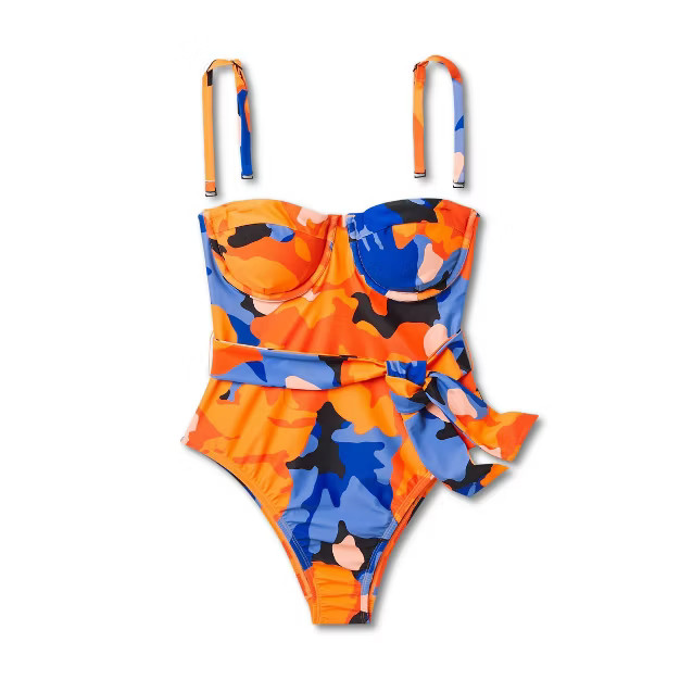 Women's Floral Print Underwire Tie-Front One Piece Swimsuit - Tabitha Brown for Target Blue/Orang... | Target