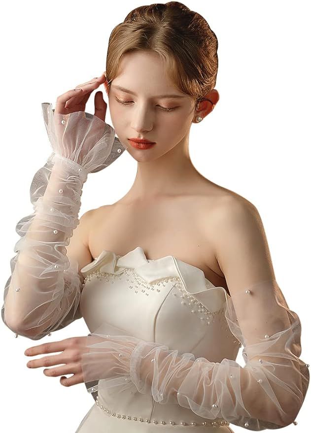 GRYUIRY Women's Long Bridal Wedding Tulle Gloves Mesh Fingerless Gloves Pearl 1920 Opera Tea Part... | Amazon (US)