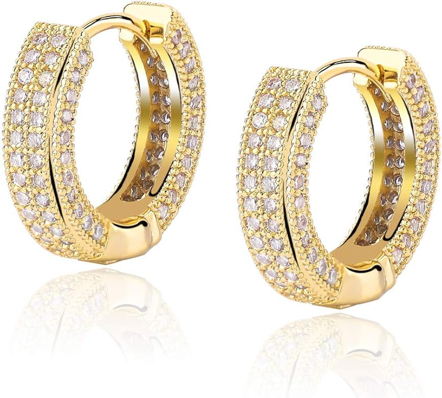 TOPGRILLZ Iced Out Hoop Earrings Cubic Zirconia Huggie Cartilage Cuff Diamond Hypoallergenic 14K ... | Amazon (US)