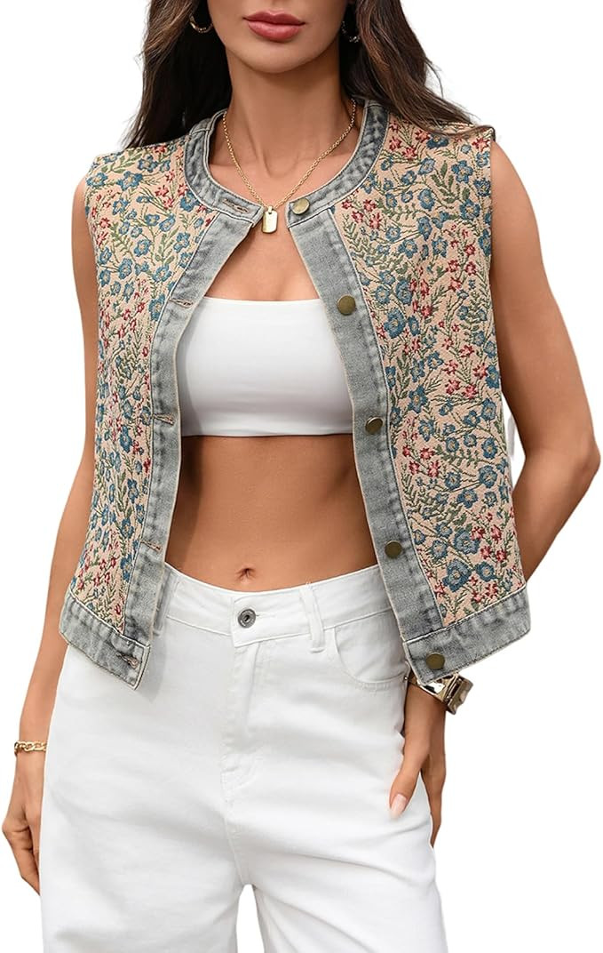 Women's Denim Vest Sleeveless Jacquard Vest Round Neck Short Jacket Top Outerwear | Amazon (US)