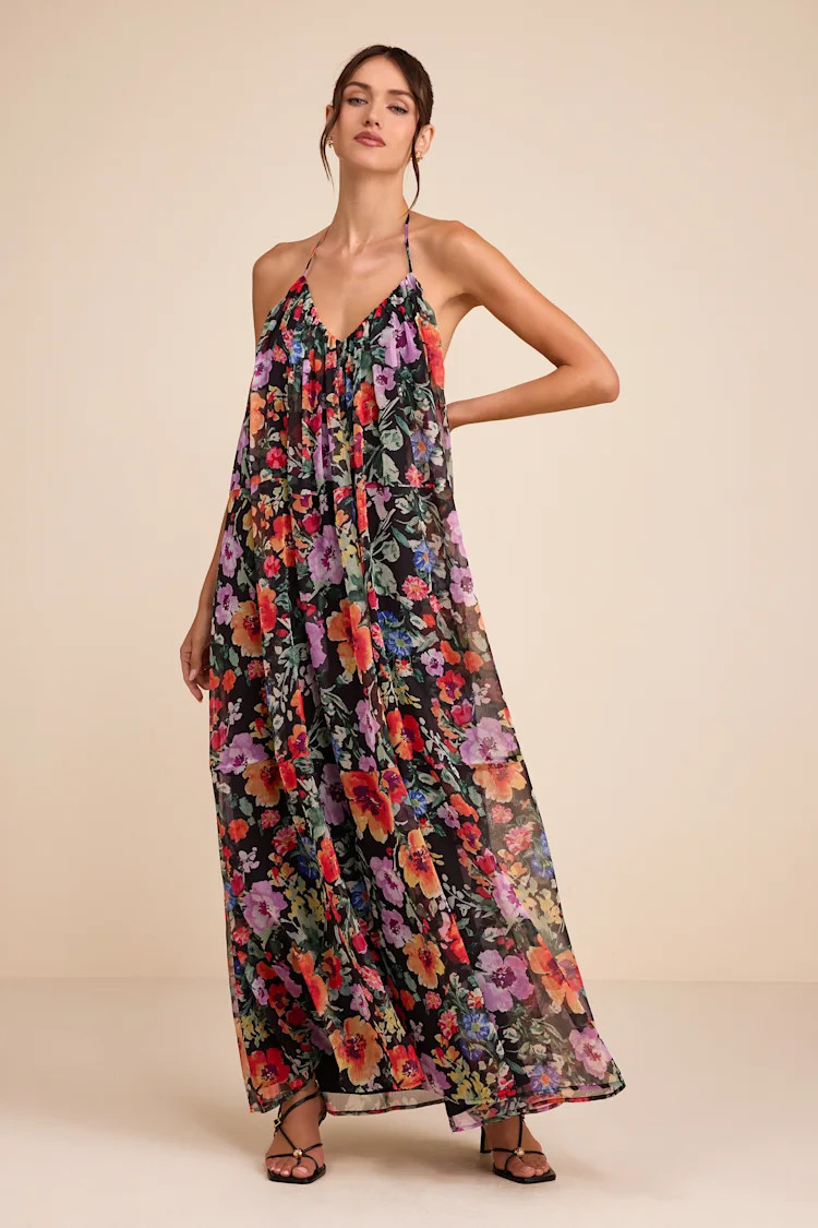 Ardelia Black Multi Floral Backless Shift Maxi Dress | Lulus