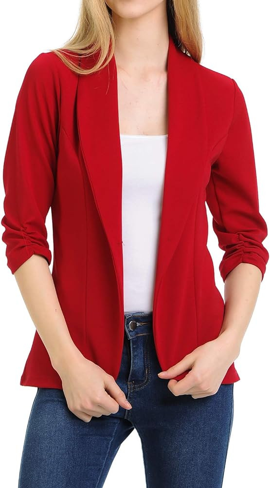 MINEFREE Women's 3/4 Ruched Sleeve Lightweight Work Office Blazer Jacket (S-3XL) | Amazon (US)