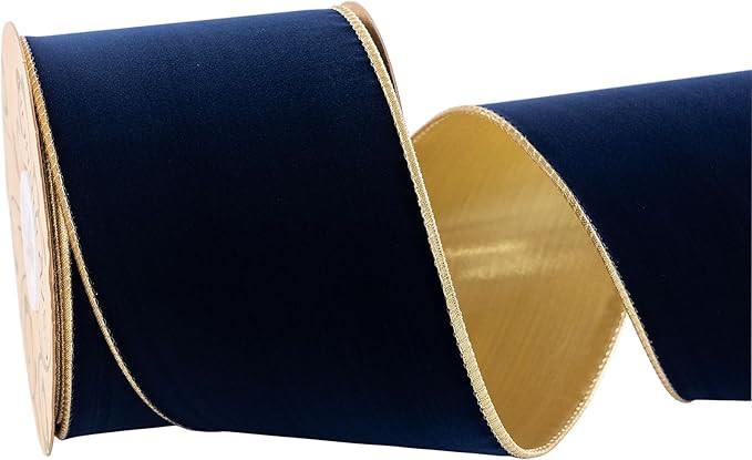 Dark Navy Blue Velvet Wired Ribbon 4 Inch Wide*10Y Navy and Gold Double Sided Velvet Thick Ribbon... | Amazon (US)
