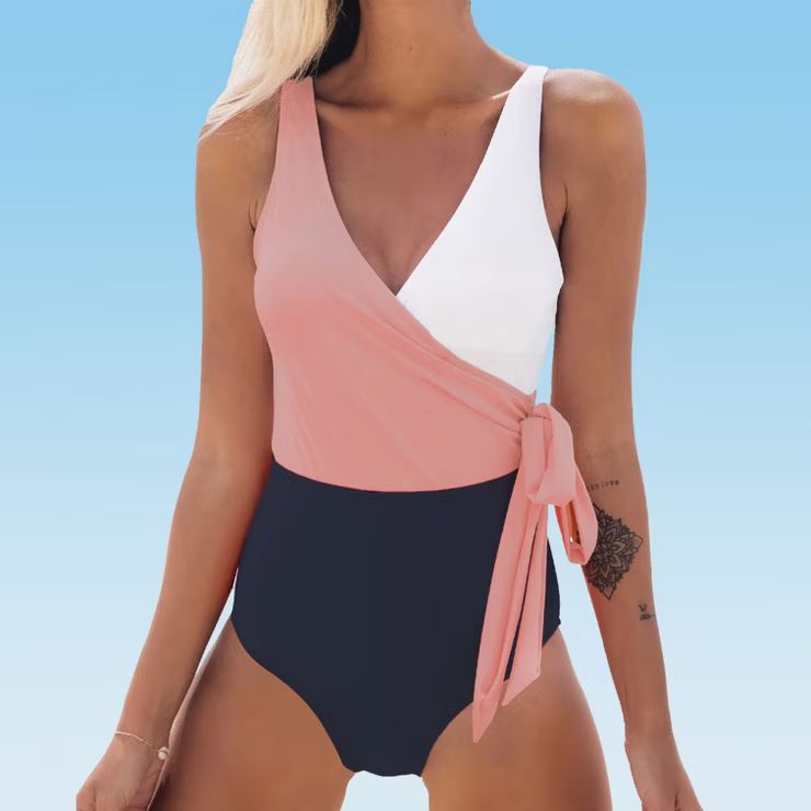 Women's One Piece Swimsuit Wrap Color Block Tie Side Bathing Suit -Cupshe | Target