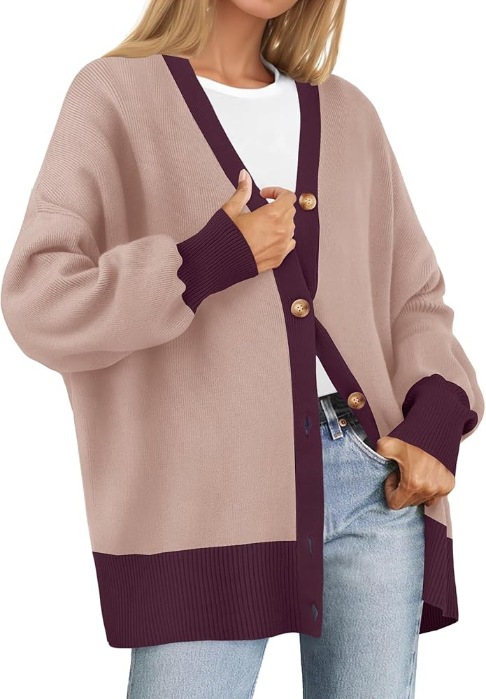 ZESICA Women's Casual Loose Knitted Cardigan Long Sleeve Open Front Contrast Color Button Down Ov... | Amazon (US)