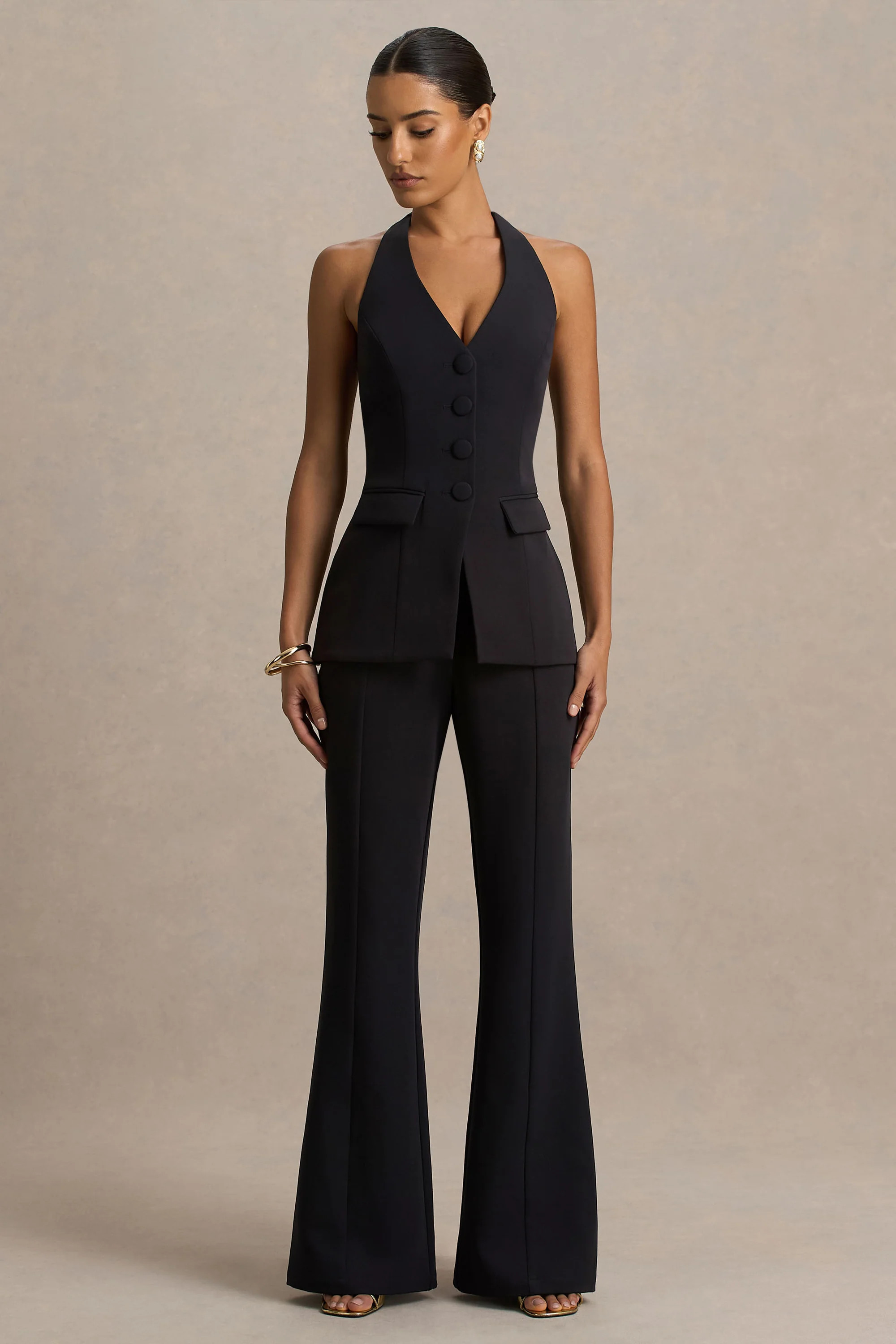 Carina | Black Flared-Leg Tailored Trousers | Club L London