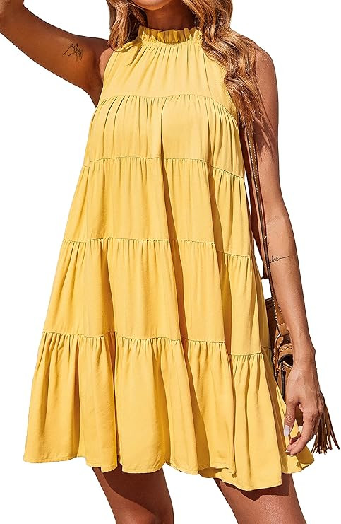 Okiwam Women's Summer Casual Sleeveless Halter Dress Ruffle Tiered Flowy Short Dress Loose Swing ... | Amazon (US)