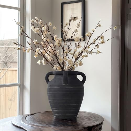 Handmade Large Black Vase - 10" Tall Terracotta Vases with 4 Ear Design, Wide Mouth Vintage Vases... | Amazon (US)