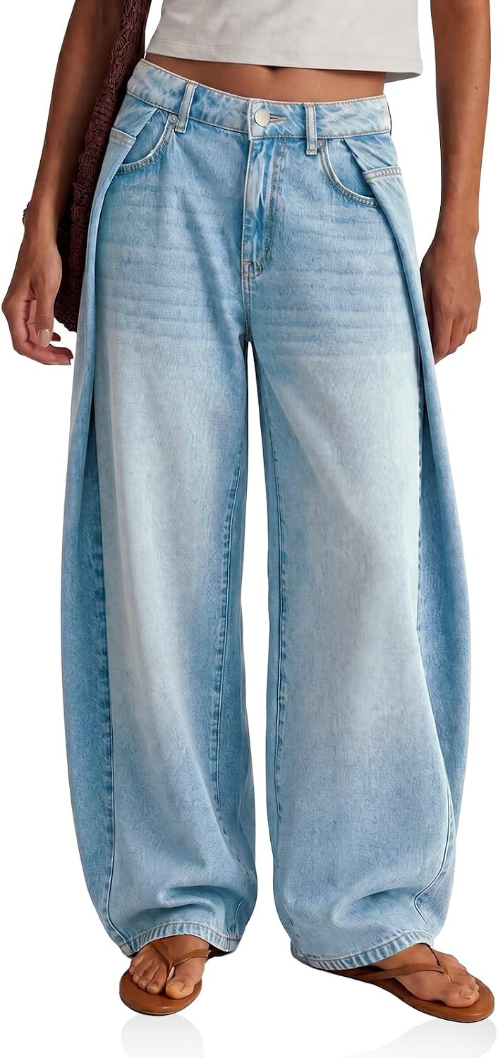 Womens Baggy Pleated Jeans High Waisted Wide Leg Y2K Denim Pants | Amazon (US)